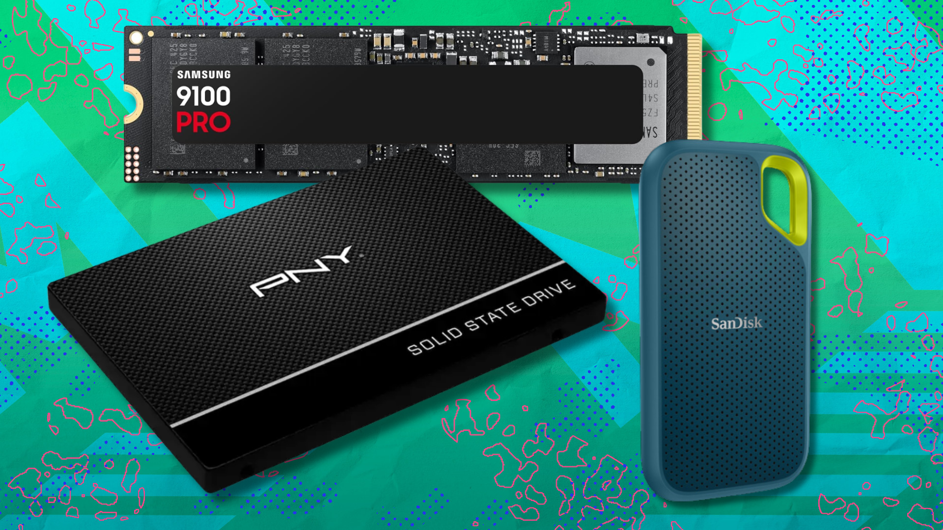 Three SSDs on a colorful background