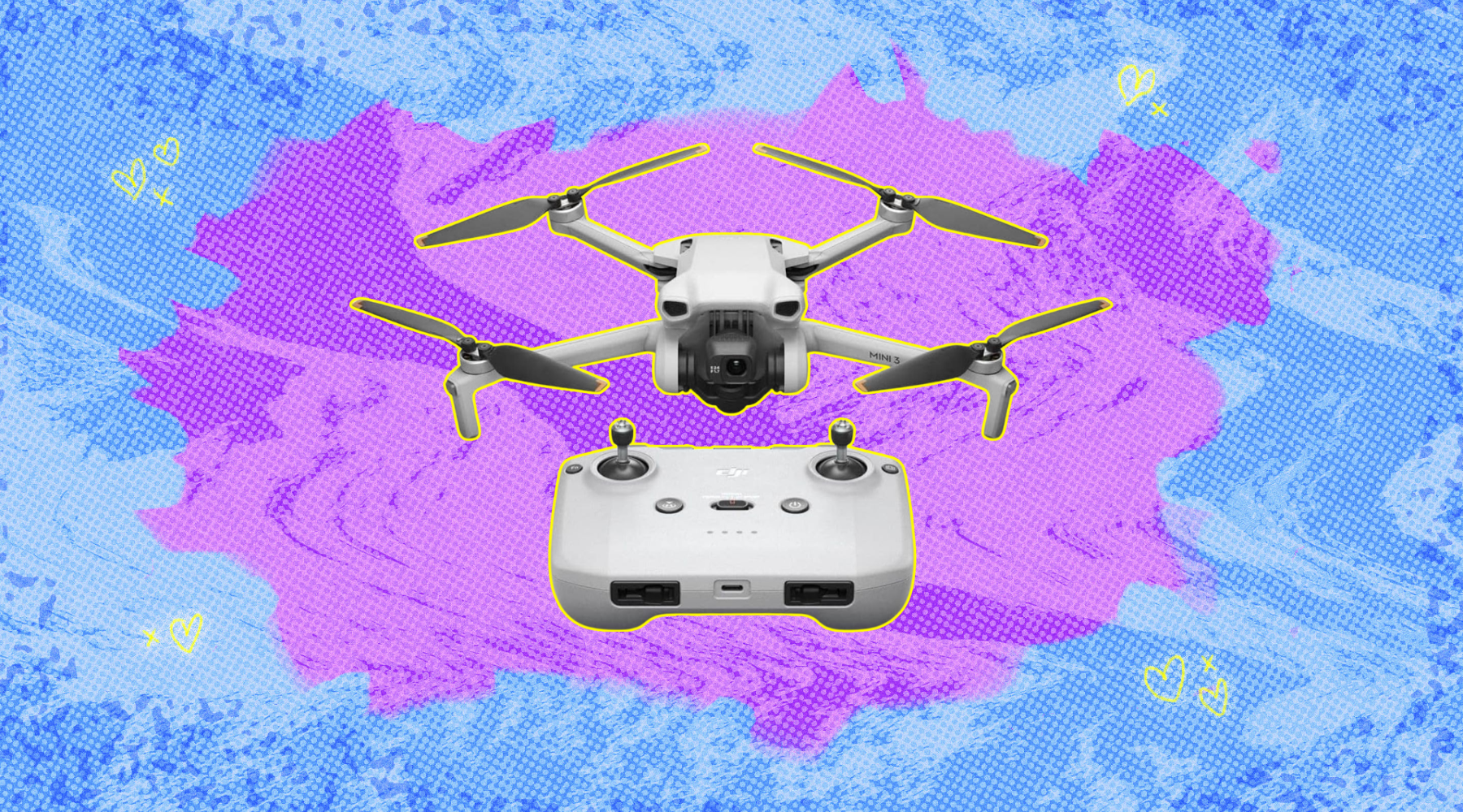 The DJI mini 3 against a colorful background. 