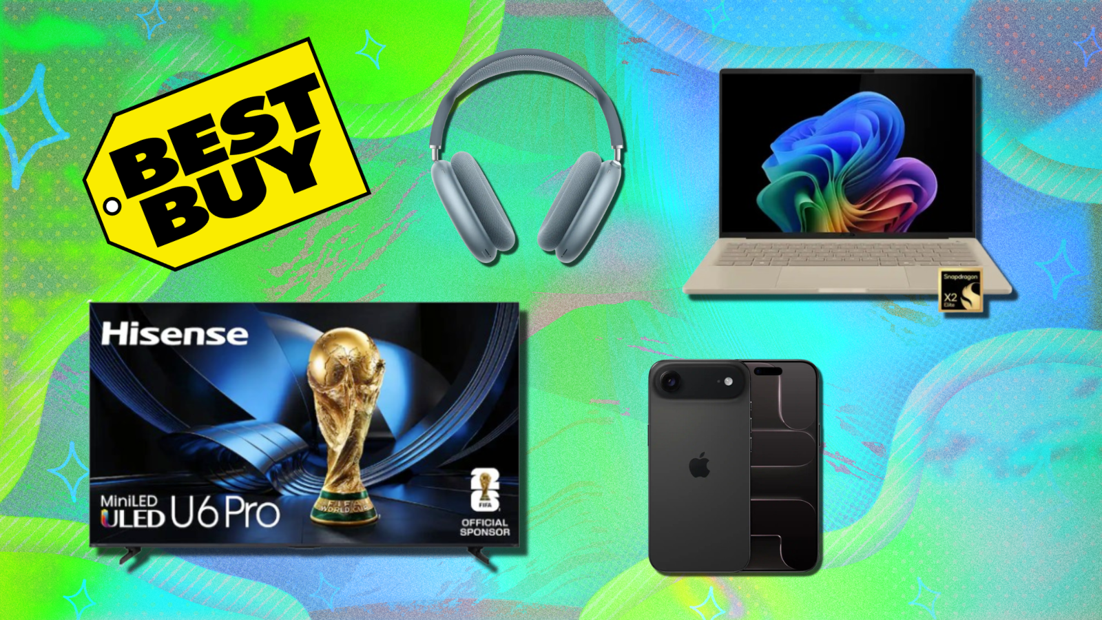 Best Buy logo, AirPods Max, iPhone Air, Hisense U6 Pro TV, and HP laptop with blue abstract background