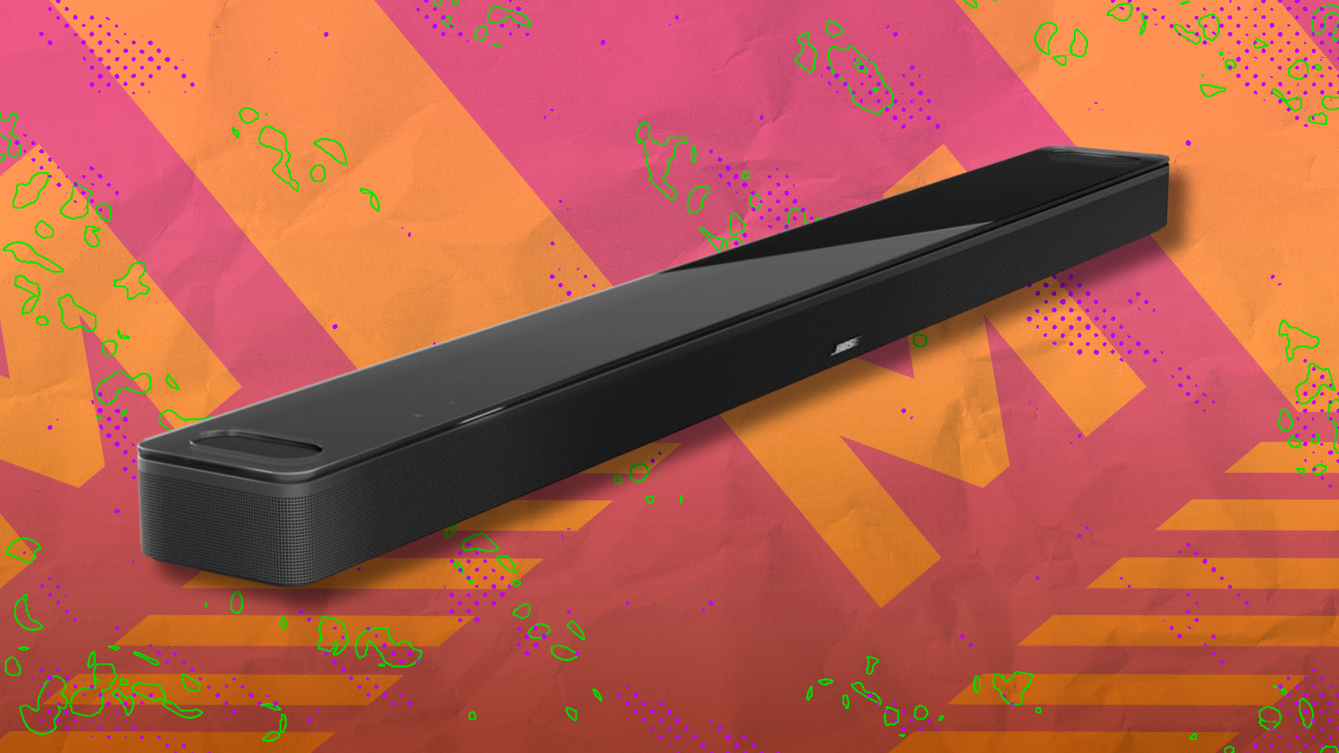 Bose Smart Ultra Dolby Atmos Soundbar on orange and red abstract background