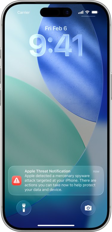 An iPhone lock screen with an alert banner across the bottom labeled "Apple Threat Notification."