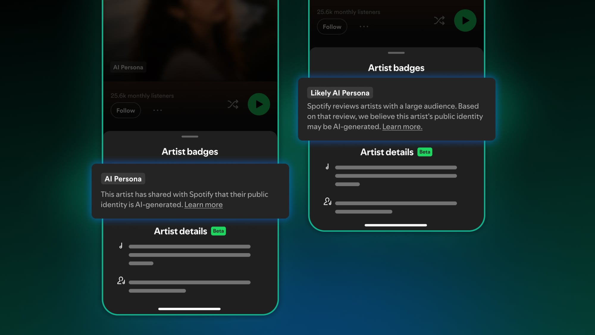 AI Person Artist badge and Likely AI Persona badge on Spotify identifying that the artist is AI-generated