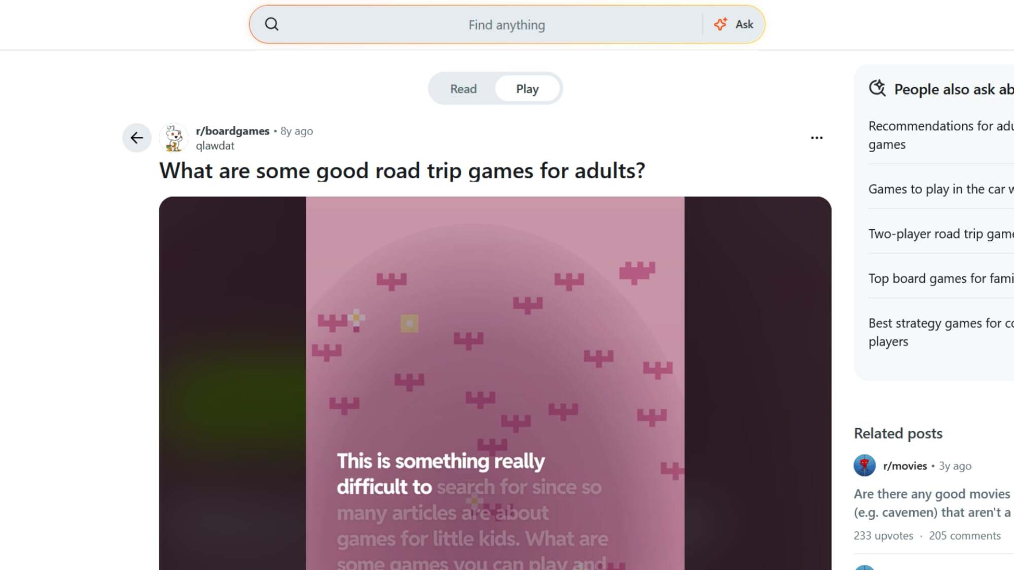 A screenshot of the Read/Play toggle on a Reddit post.
