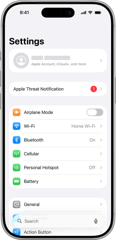 An iPhone device settings menu. Below the user's account information is a new menu labeled "Apple Threat Notification" with a red dot alert next to it.