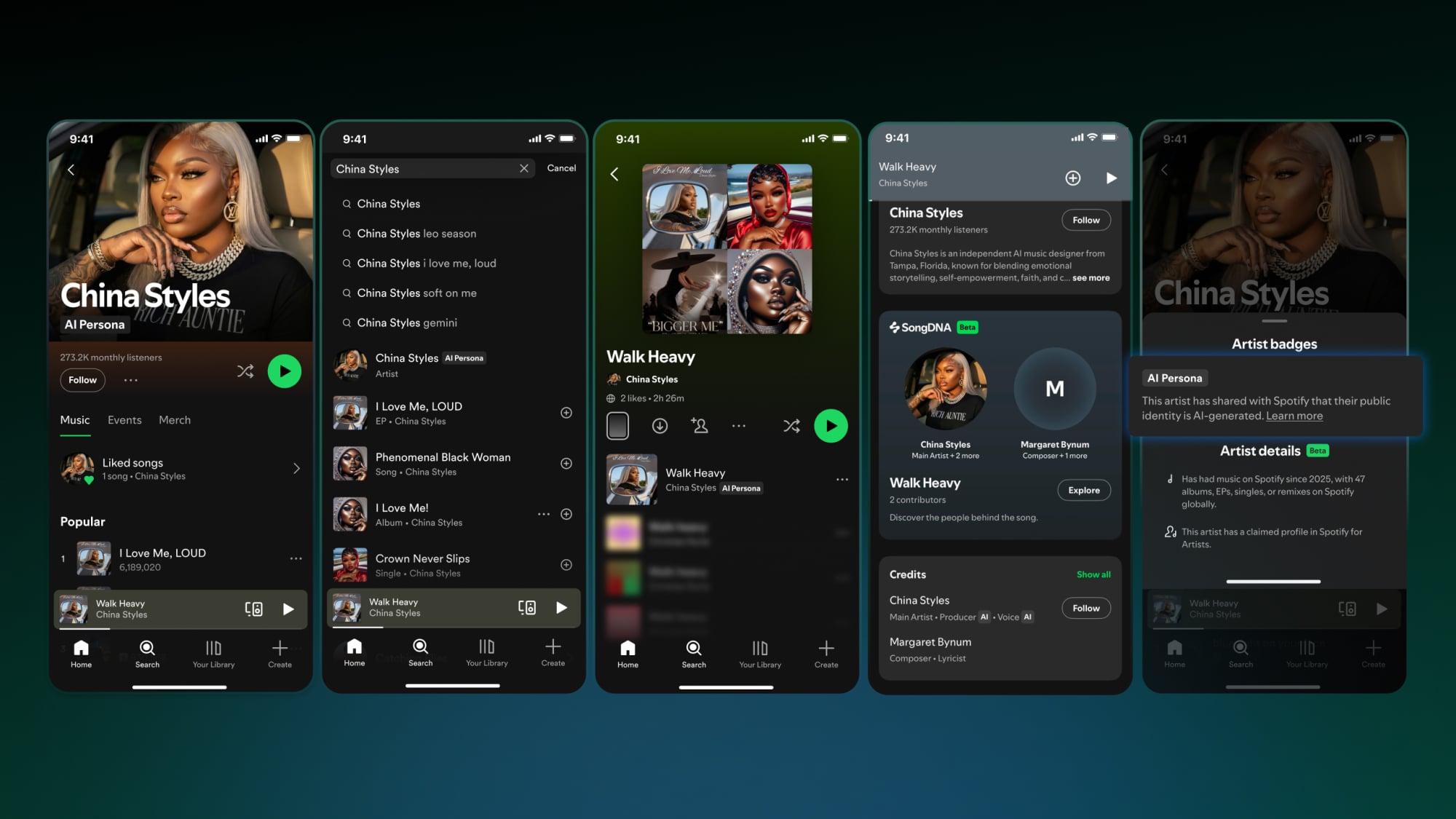 Example of AI persona China Styles on Spotify demonstrating badges and song credits