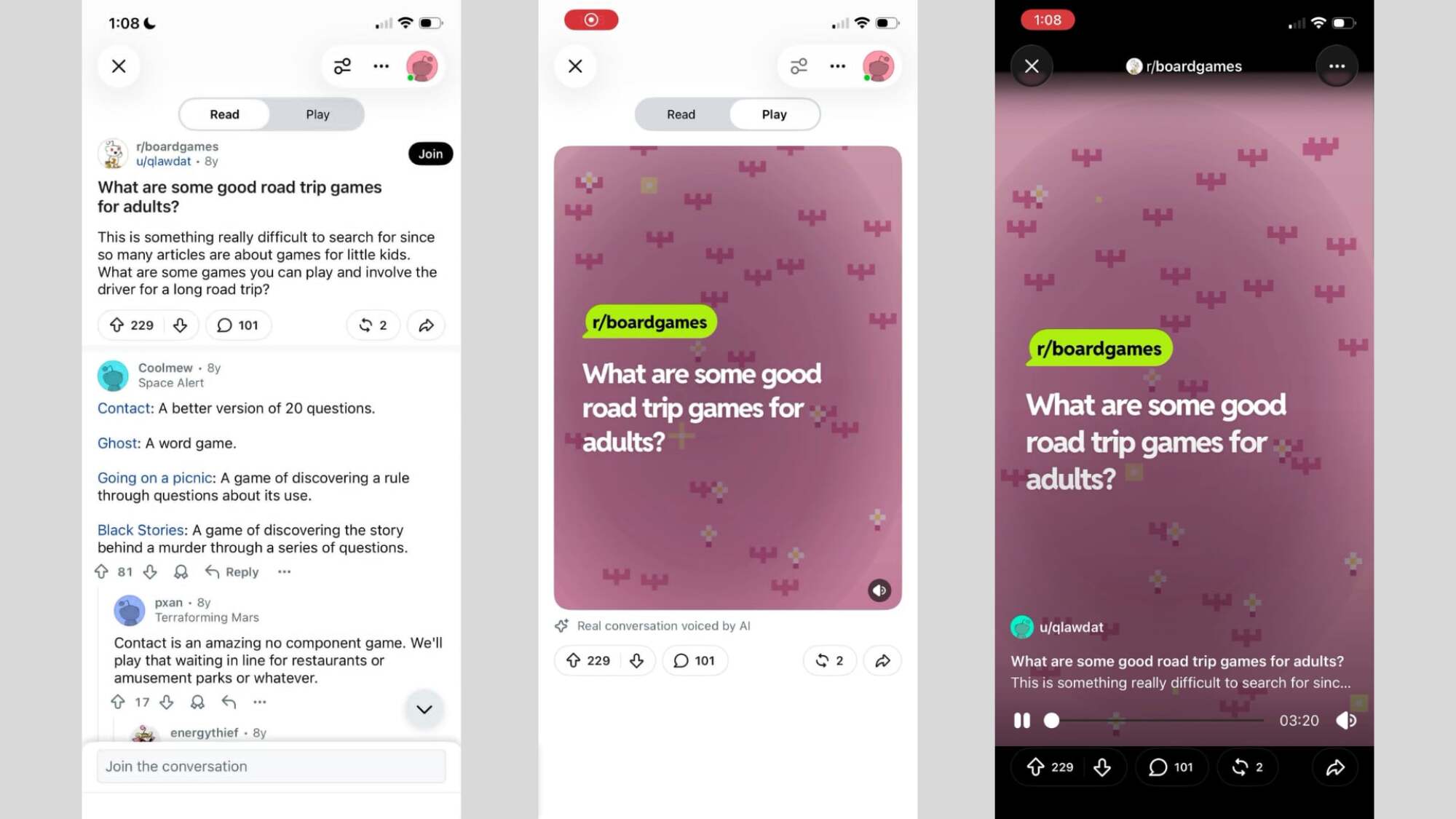 Three screenshots of the AI-generated Reddit video feature on mobile, reading out a post from r/boardgames asking "What are some good road trip games for adults?"