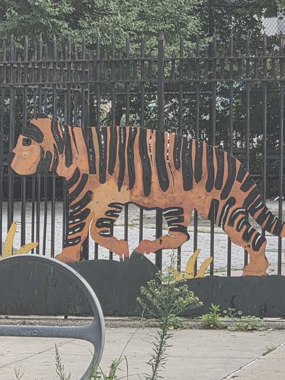 A 10x zoom shot of an illustrated tiger on an iron fence in Brooklyn
