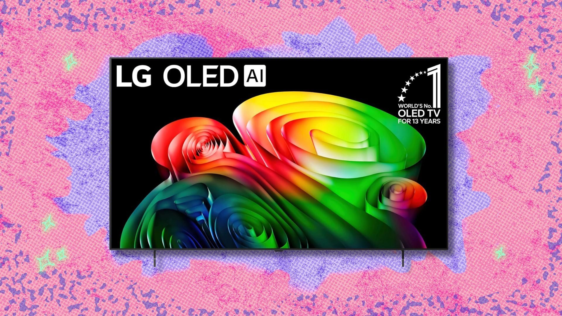 lg 65-inch oled ai 4k b6 smart tv against a pink and purple background