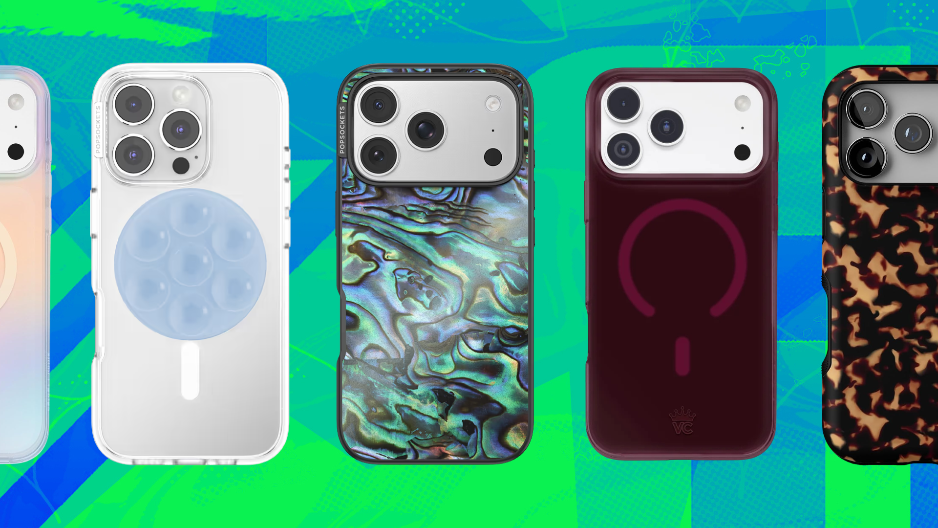 row of iphone 18 pro cases on green and blue background