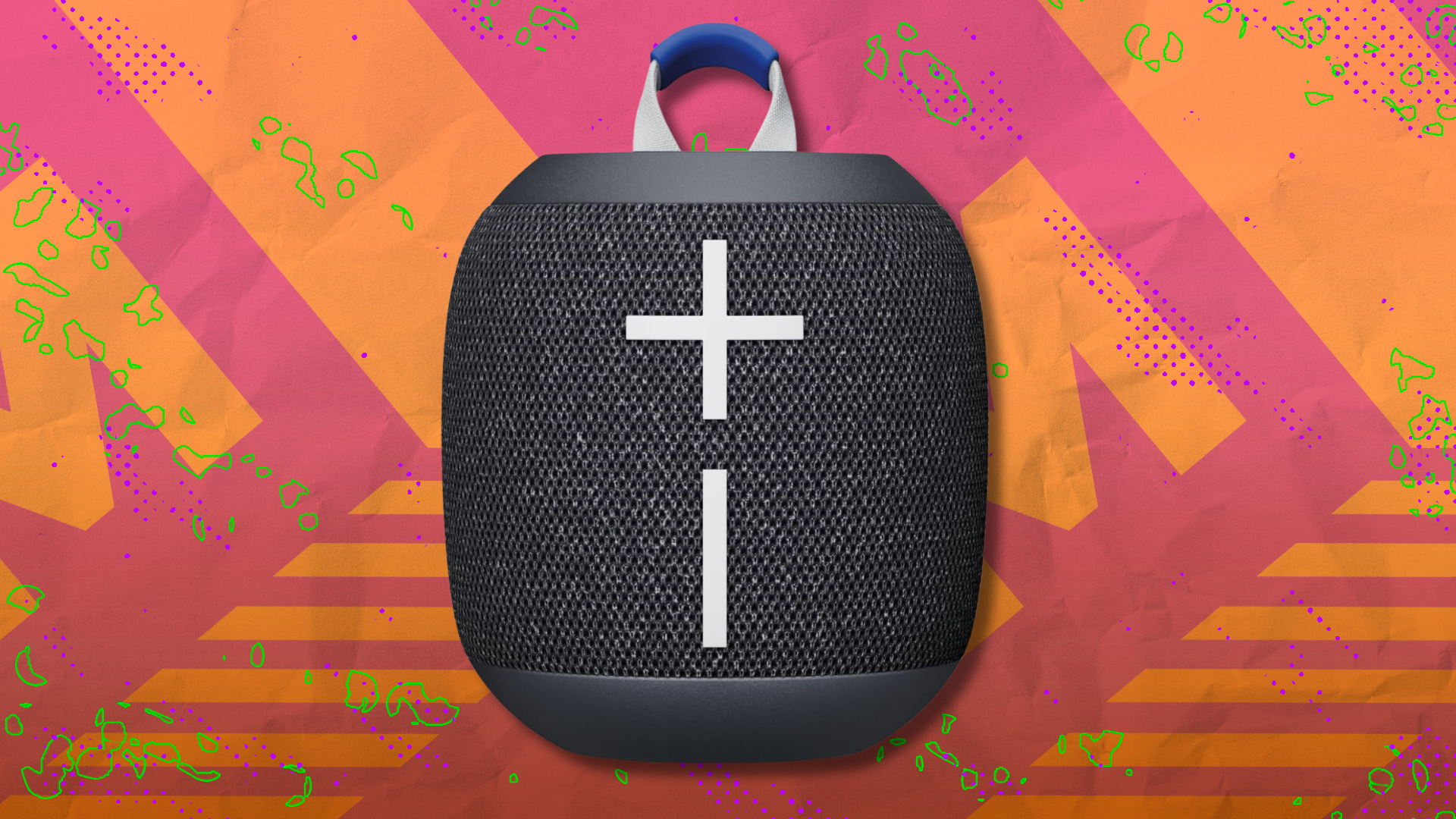 Ultimate Ears Wonderboom 4 portable speaker on orange and red abstract background