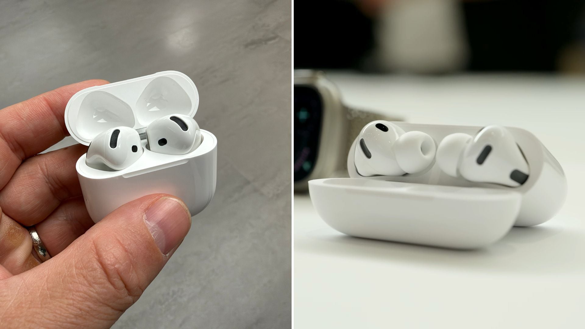 person holding airpods 5 and airpods pro 3 in open charging case on table