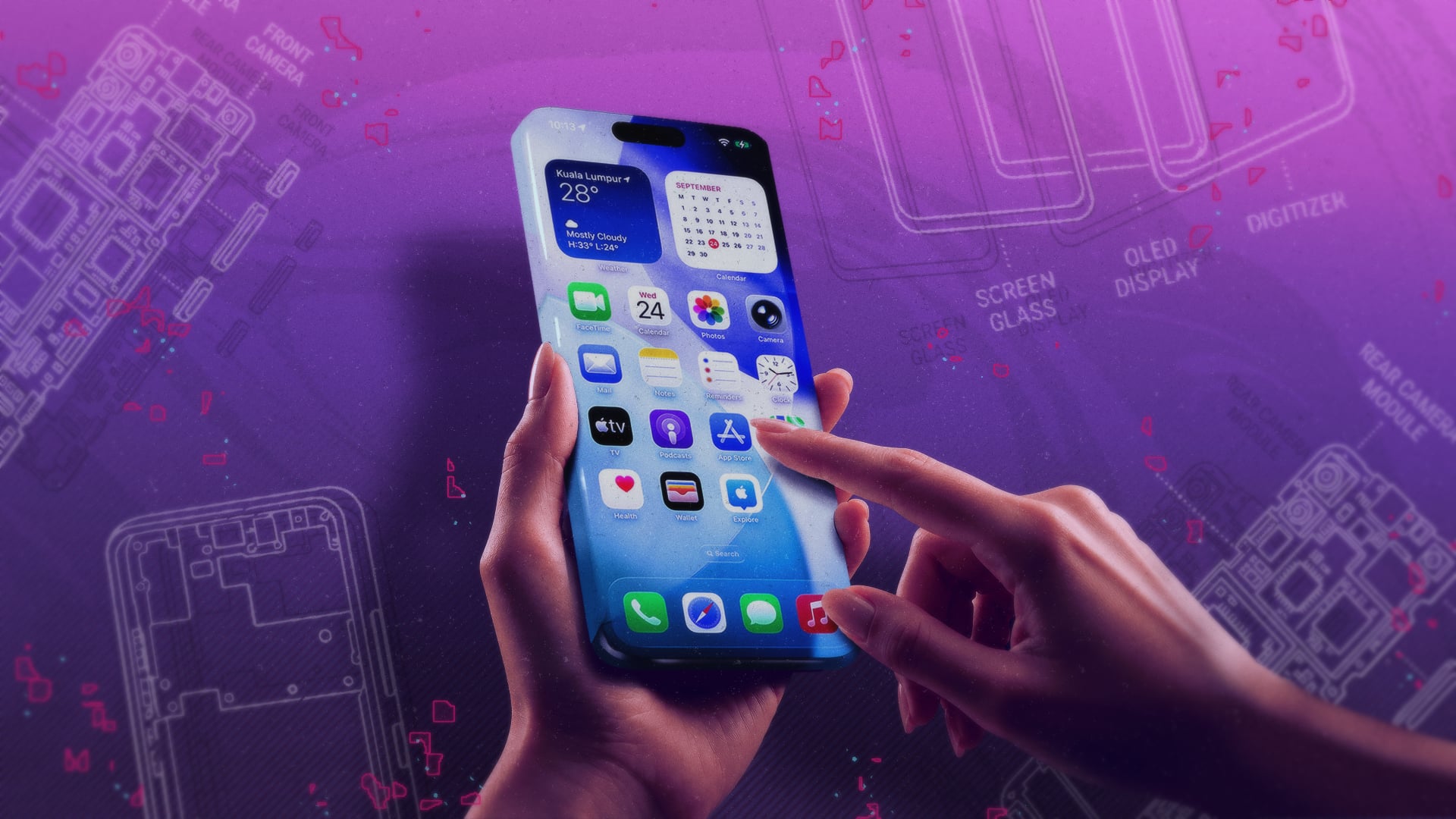 mock-up of iphone made entirely of glass over an illustration of blueprints