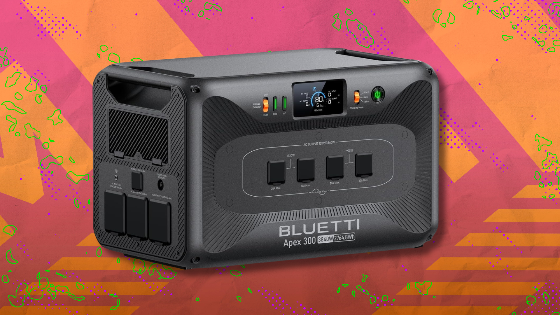  Bluetti Apex 300 portable power station on orange and red abstract background