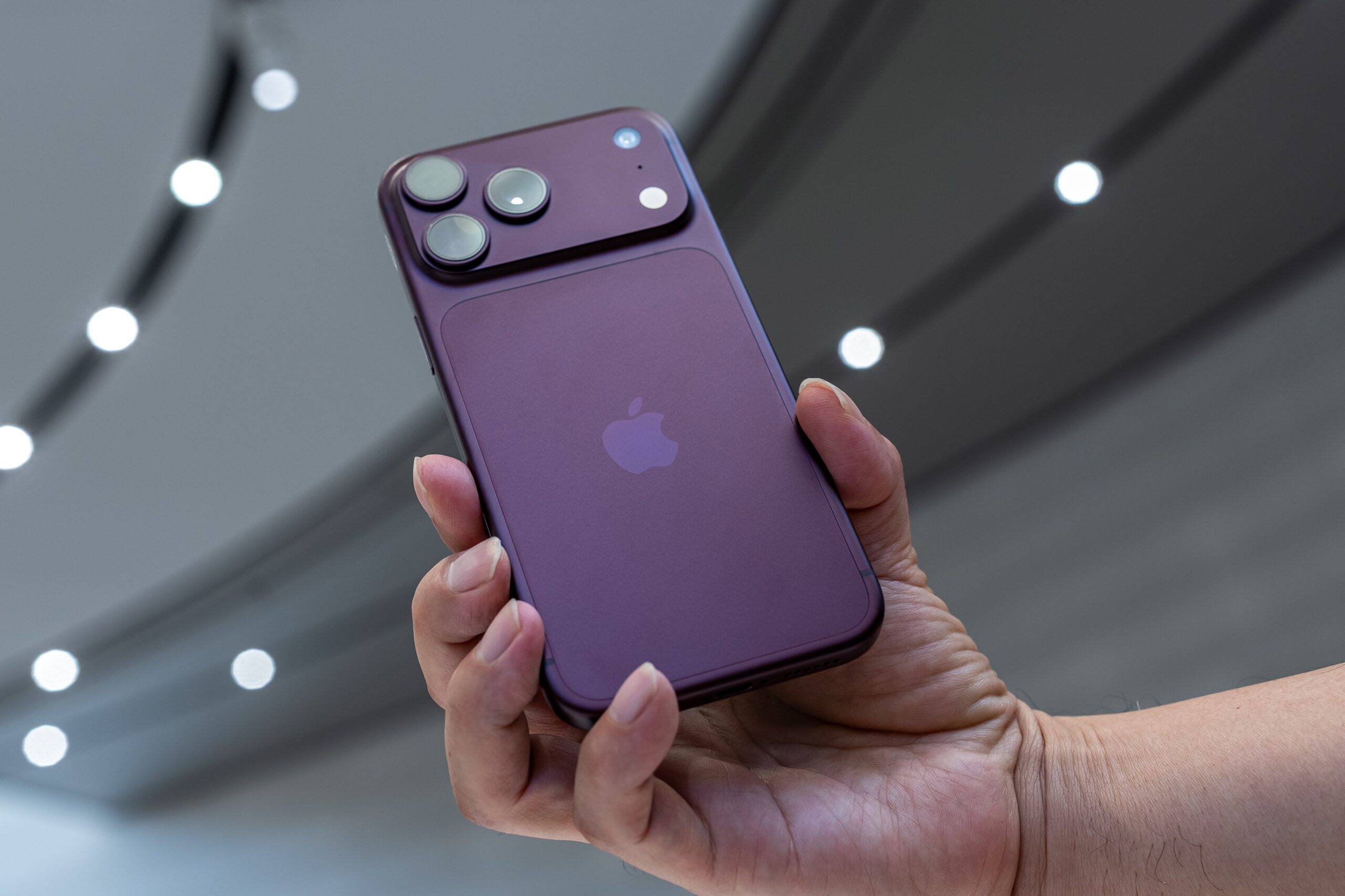 An Apple iPhone 18 Pro Max smartphone during a product unveiling event at Apple Park 