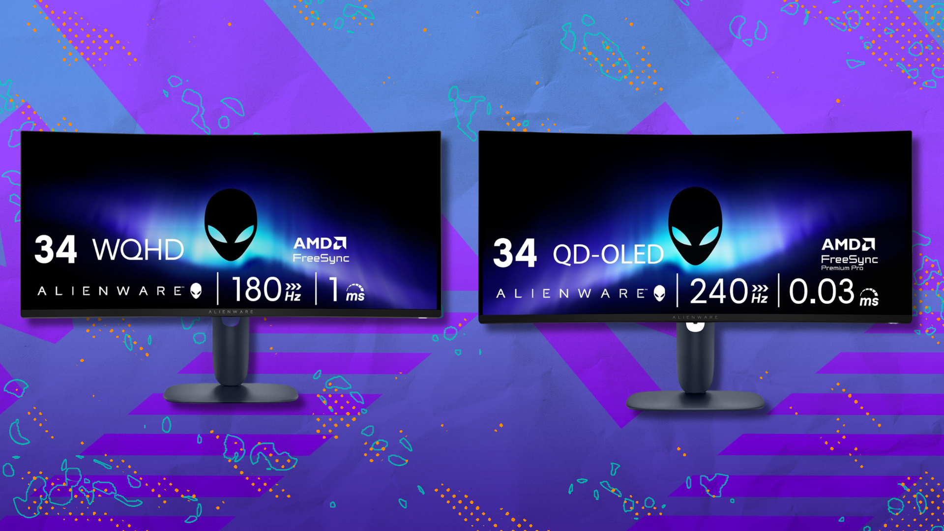 Alienware gaming monitors on purple and blue abstract background