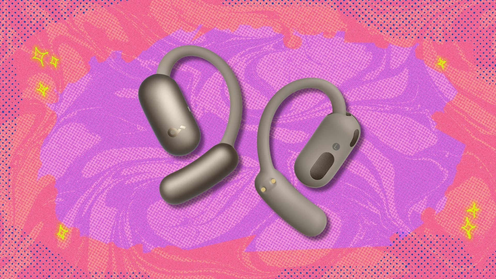 soundcore aerofit 2 by anker open earbuds against a pink patterned background