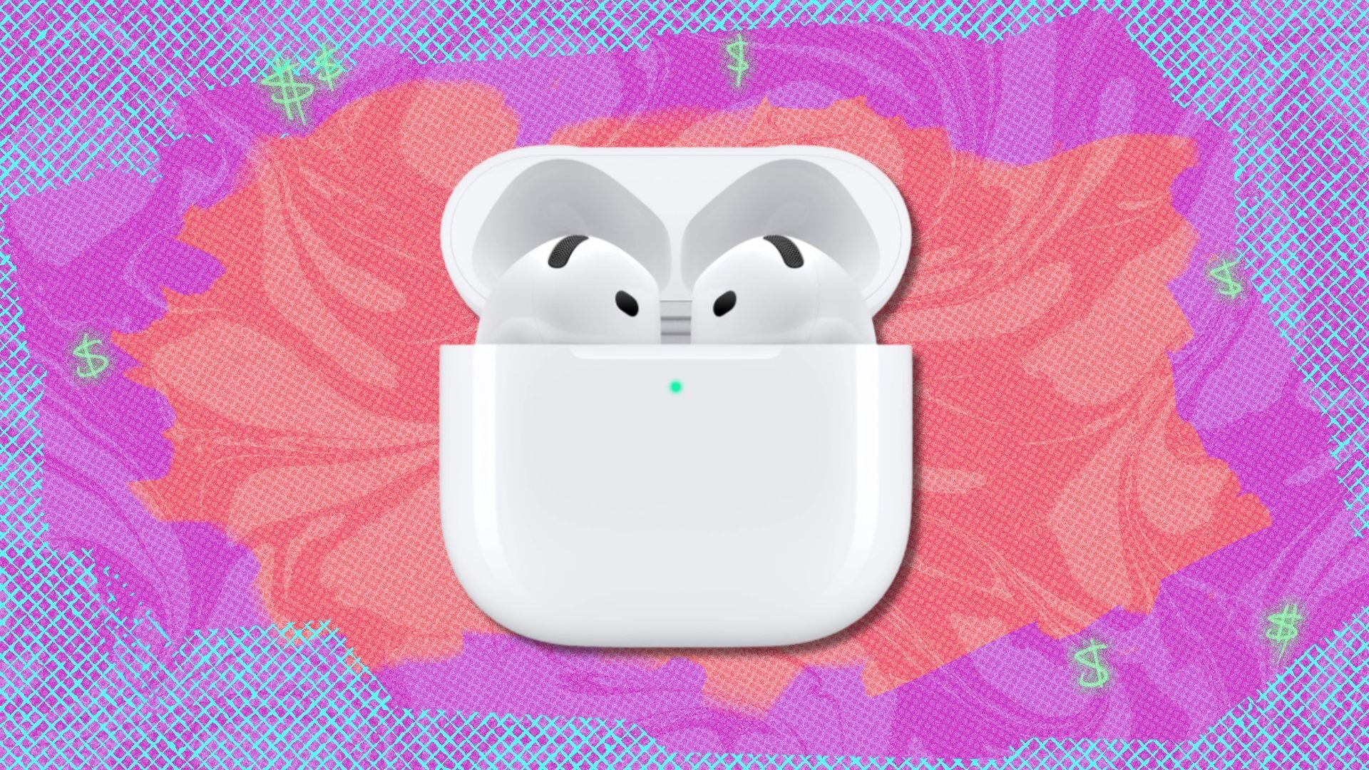 the apple aipods gen 4 on a pink, purple, and coral background