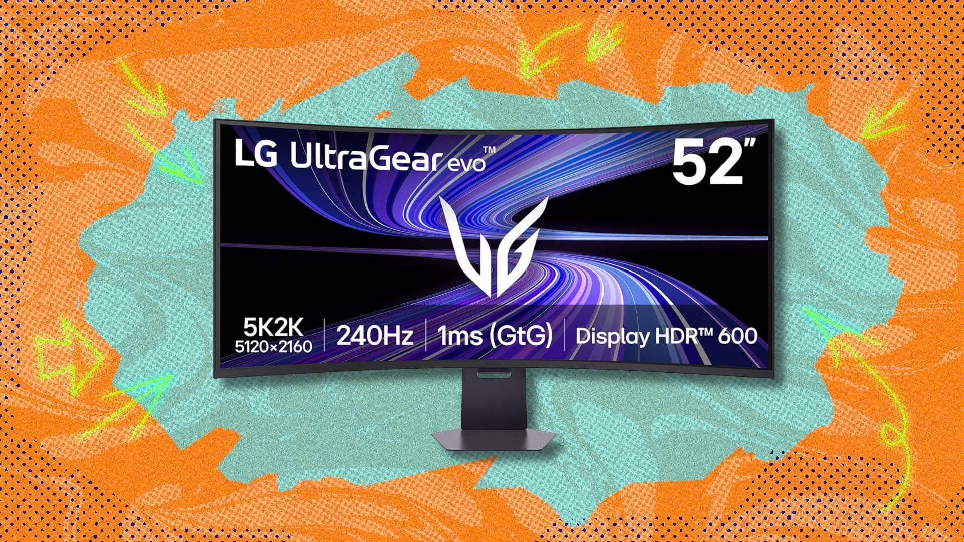 lg 52-inch ultragear evo g9 curved gaming monitor against an orange and blue background