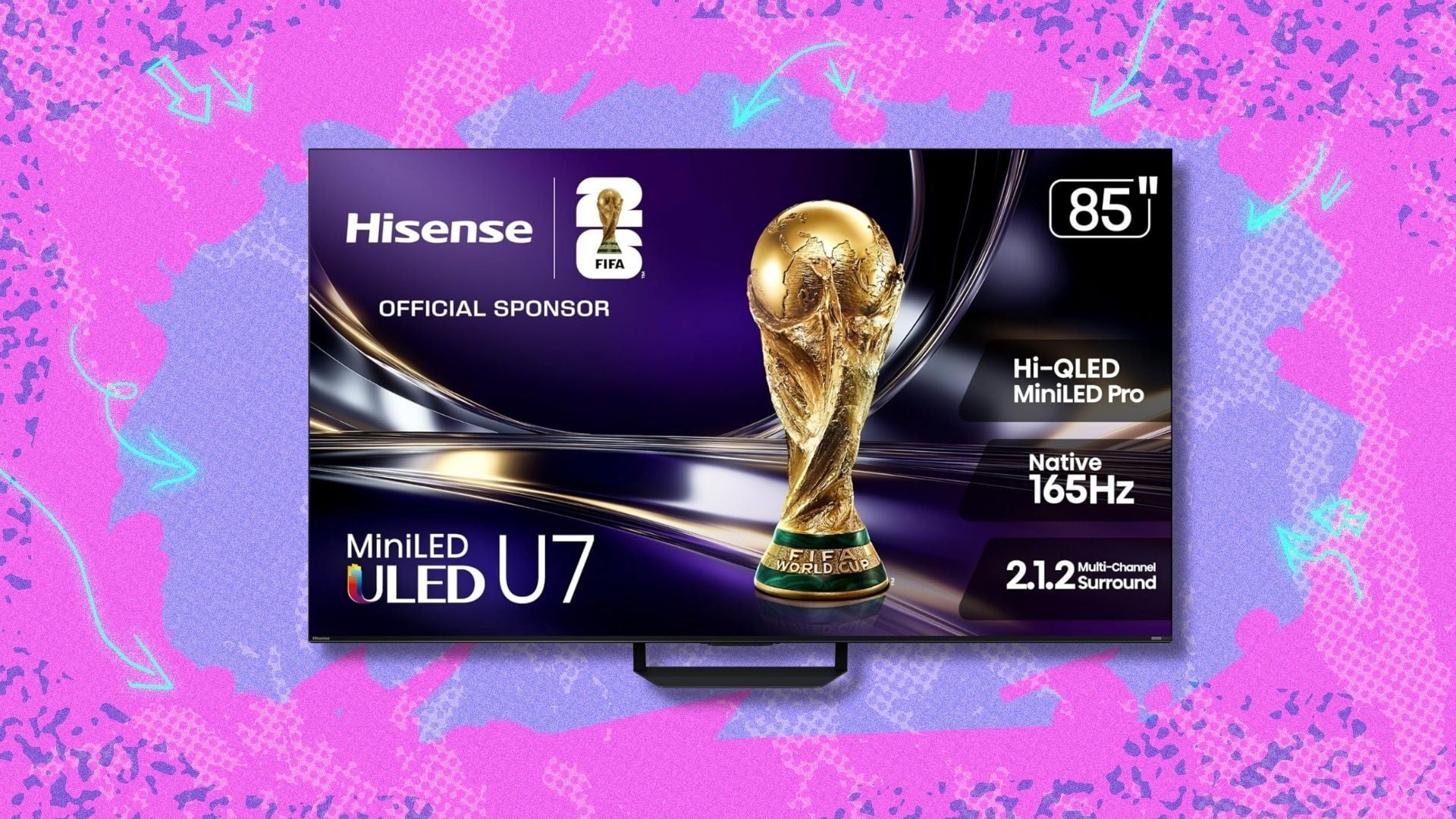 hisense 85-inch u7 mini-led uled 4k tv against a pink and purple background