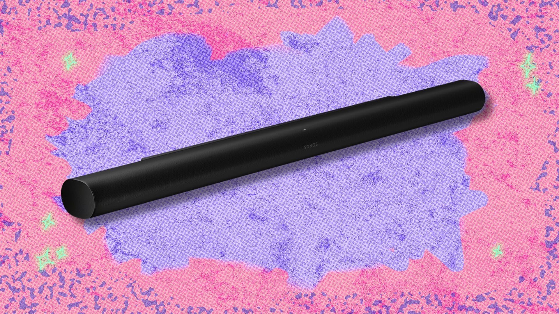 sonos arc ultra soundbar against a pink and purple background