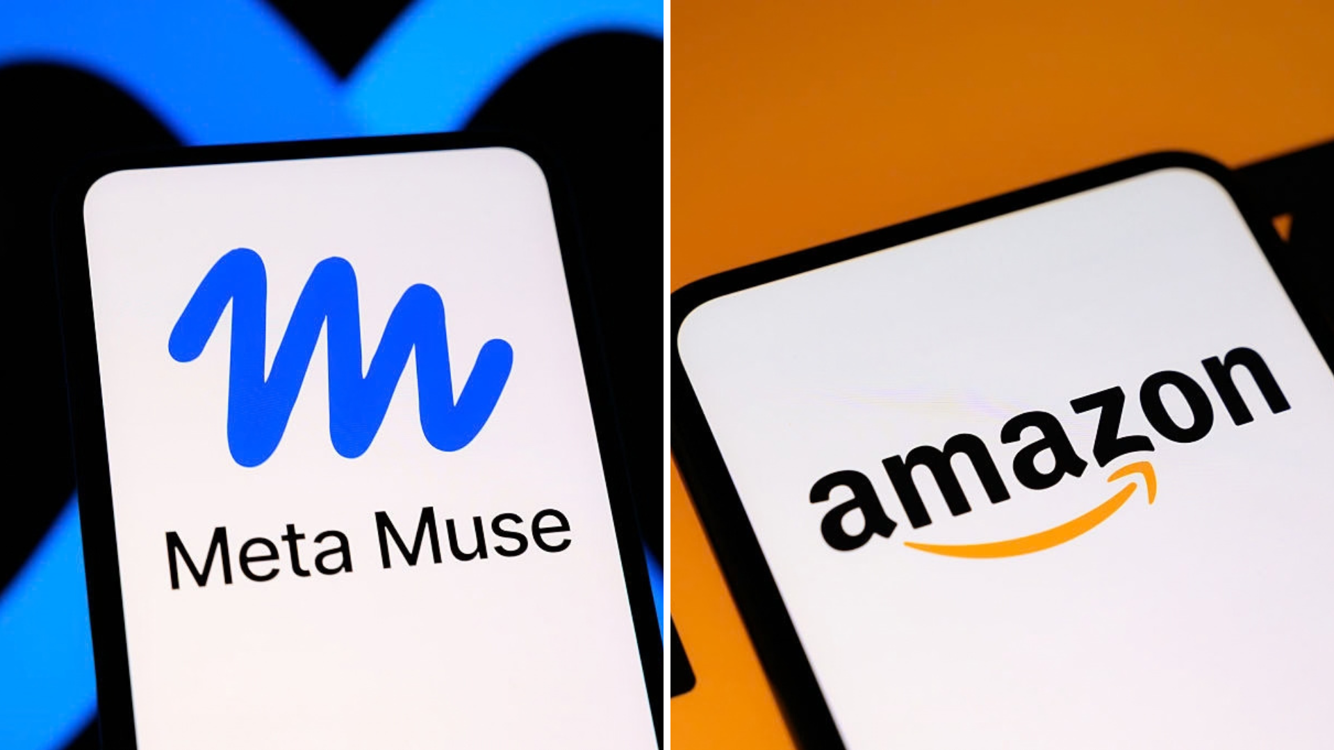Two images side by side. On the left, the Muse logo is displayed on a smartphone screen with the Meta logo in the background. On the right, the Amazon logo is displayed on a smartphone screen with the company's logo in the background.