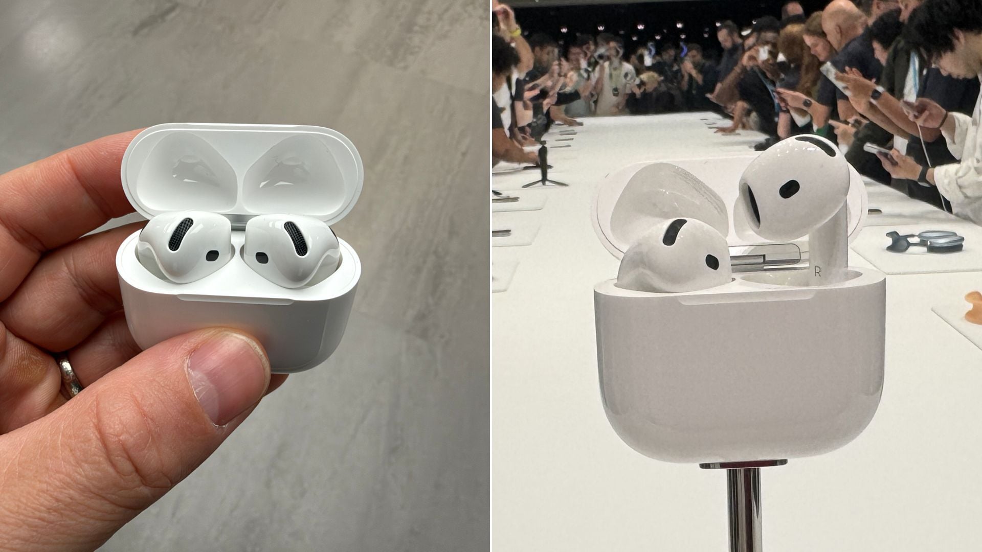 person holding airpods 5 and airpods 4 in case on display