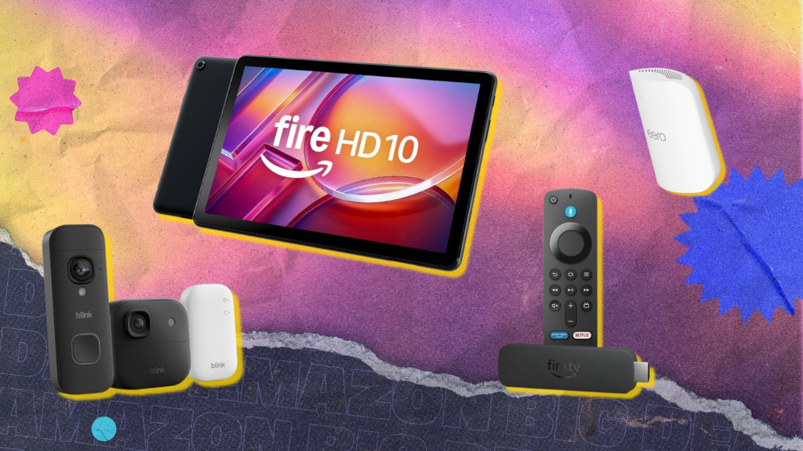 Amazon devices with colorful abstract background