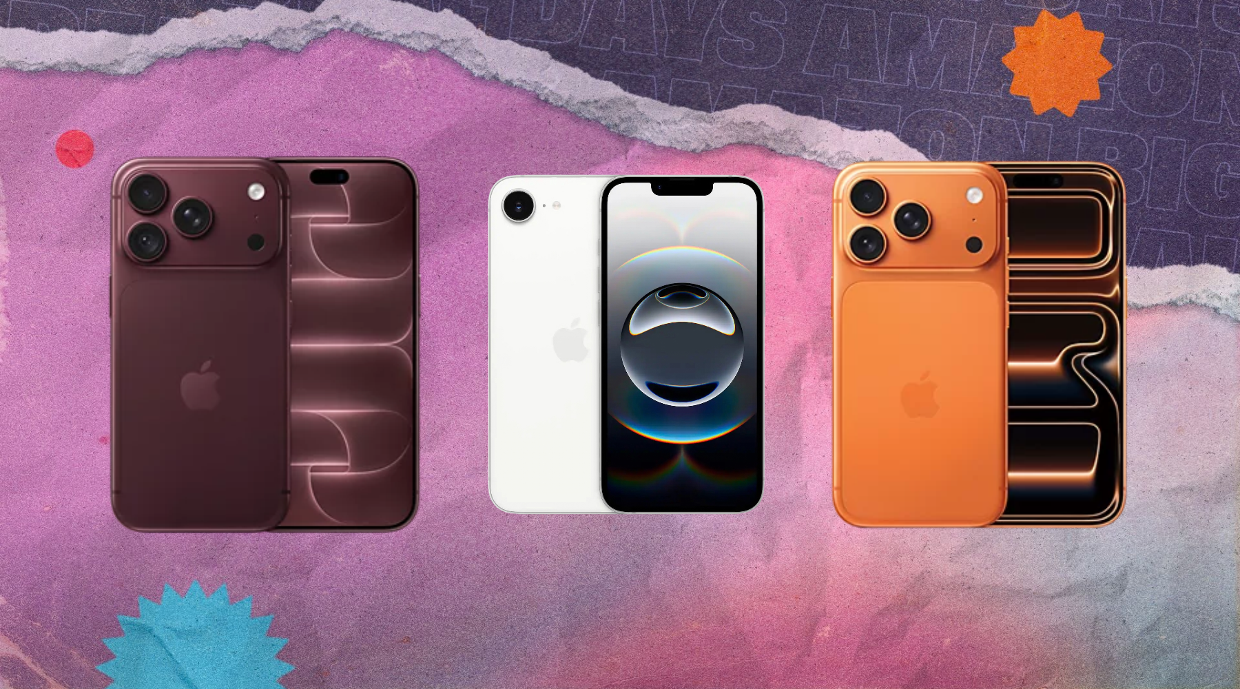 Apple iphones against a colorful background.