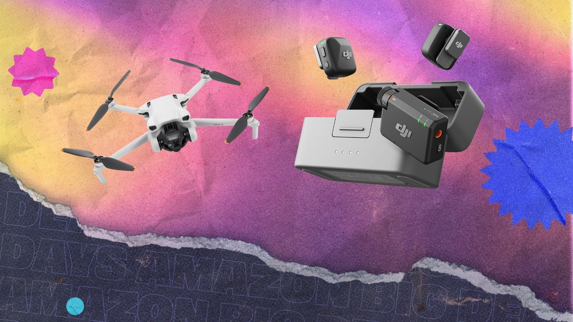 DJI drone and microphone on composite background