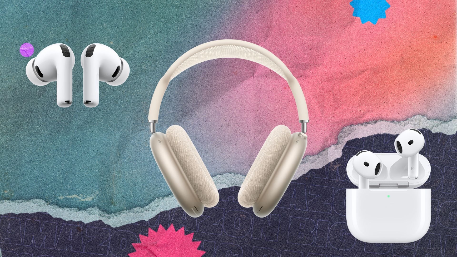 three pairs of airpods on graphic background