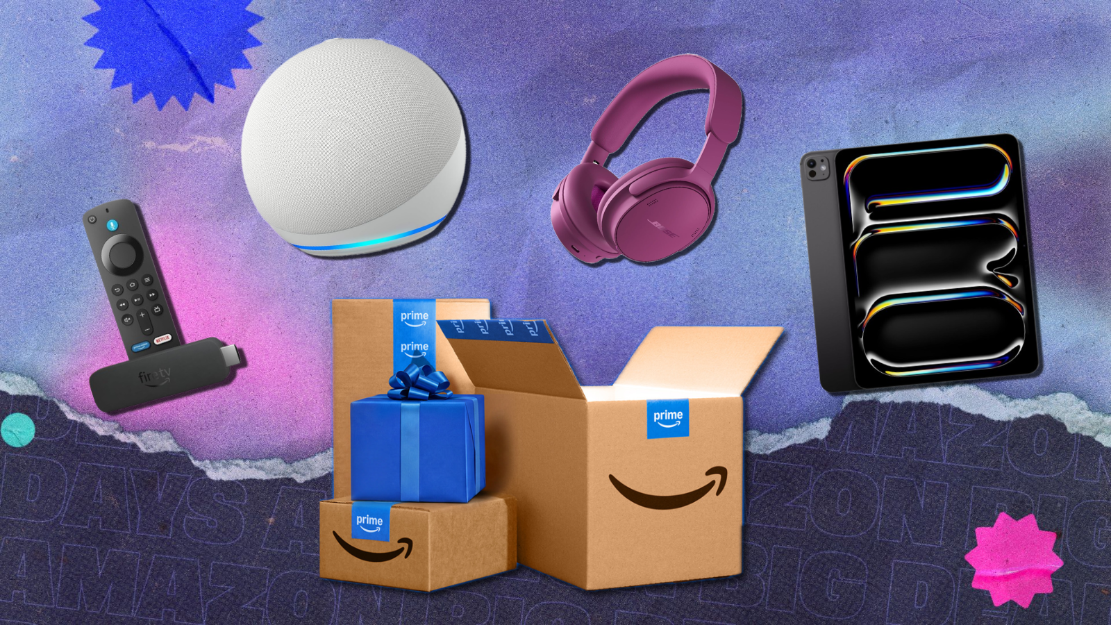 Amazon Prime boxes with Bose headphones, iPad Pro, Amazon Echo Dot, and Fire TV Stick hovering above it