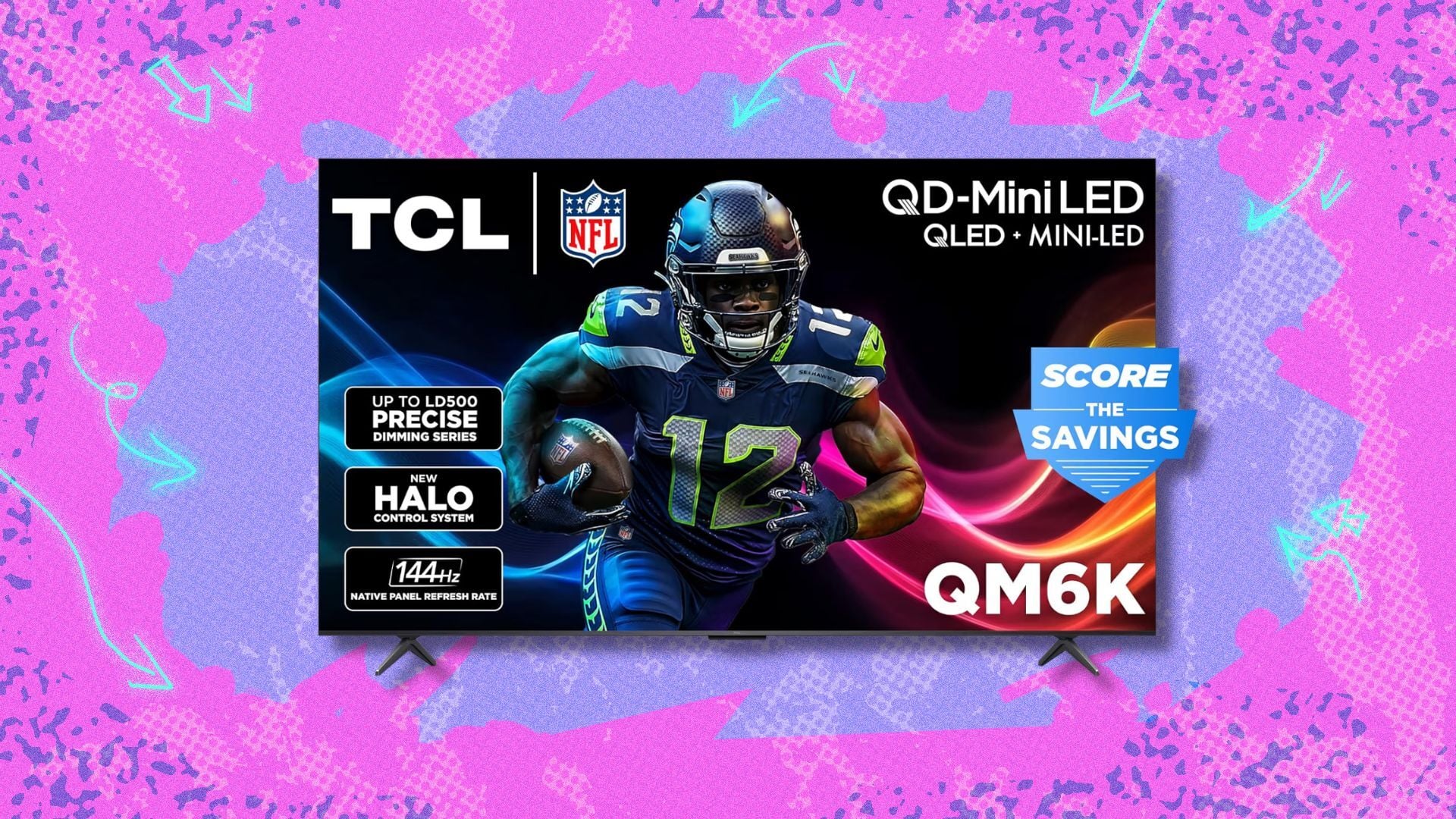 tcl 85-inch qm6k mini led qled 4k tv against a pink and purple background
