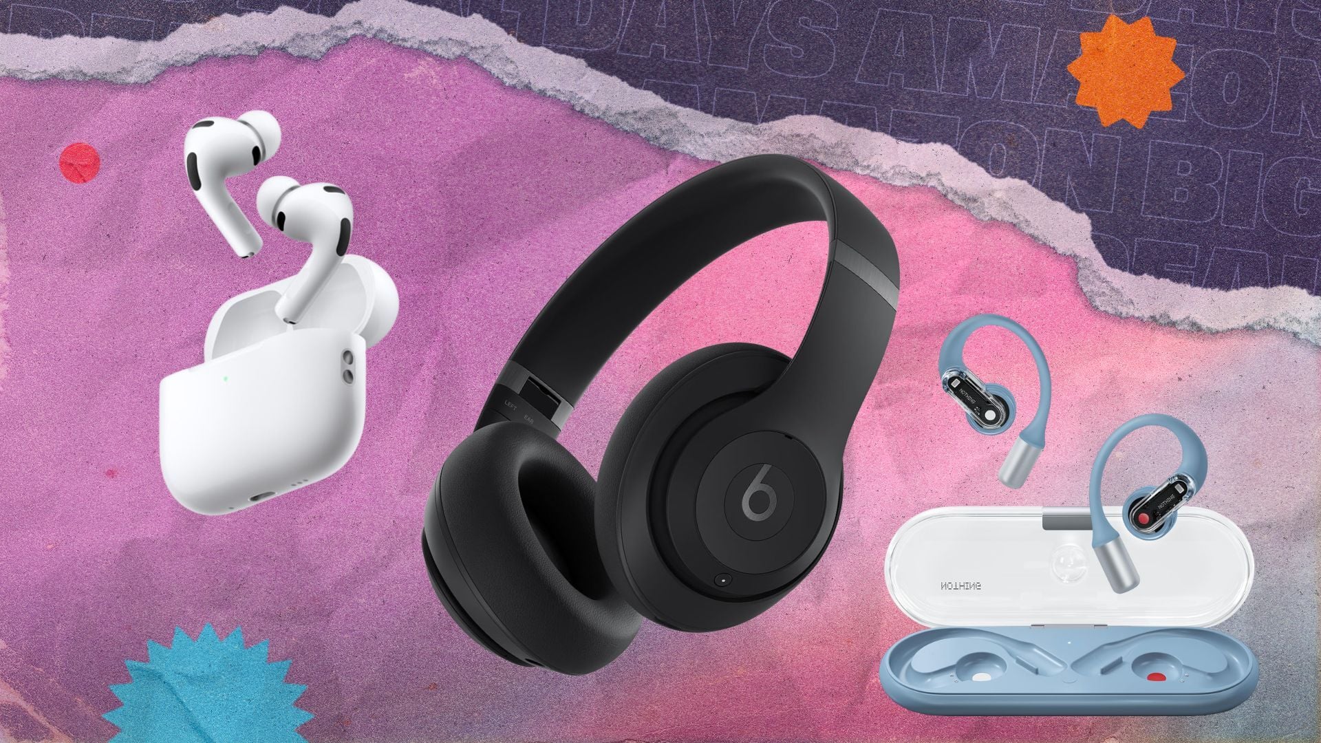 airpods, beats studio pro, and nothing open earbuds on pink and blue background