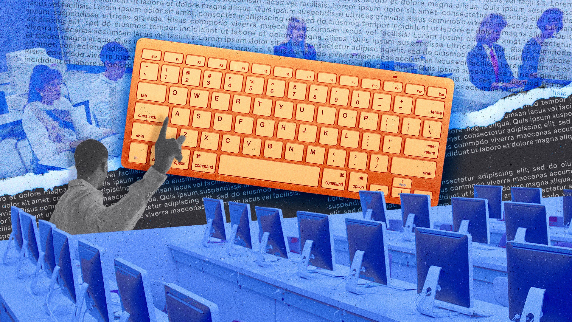 A collage of blue and orange images of students, a computer lab, and a large keyboard.