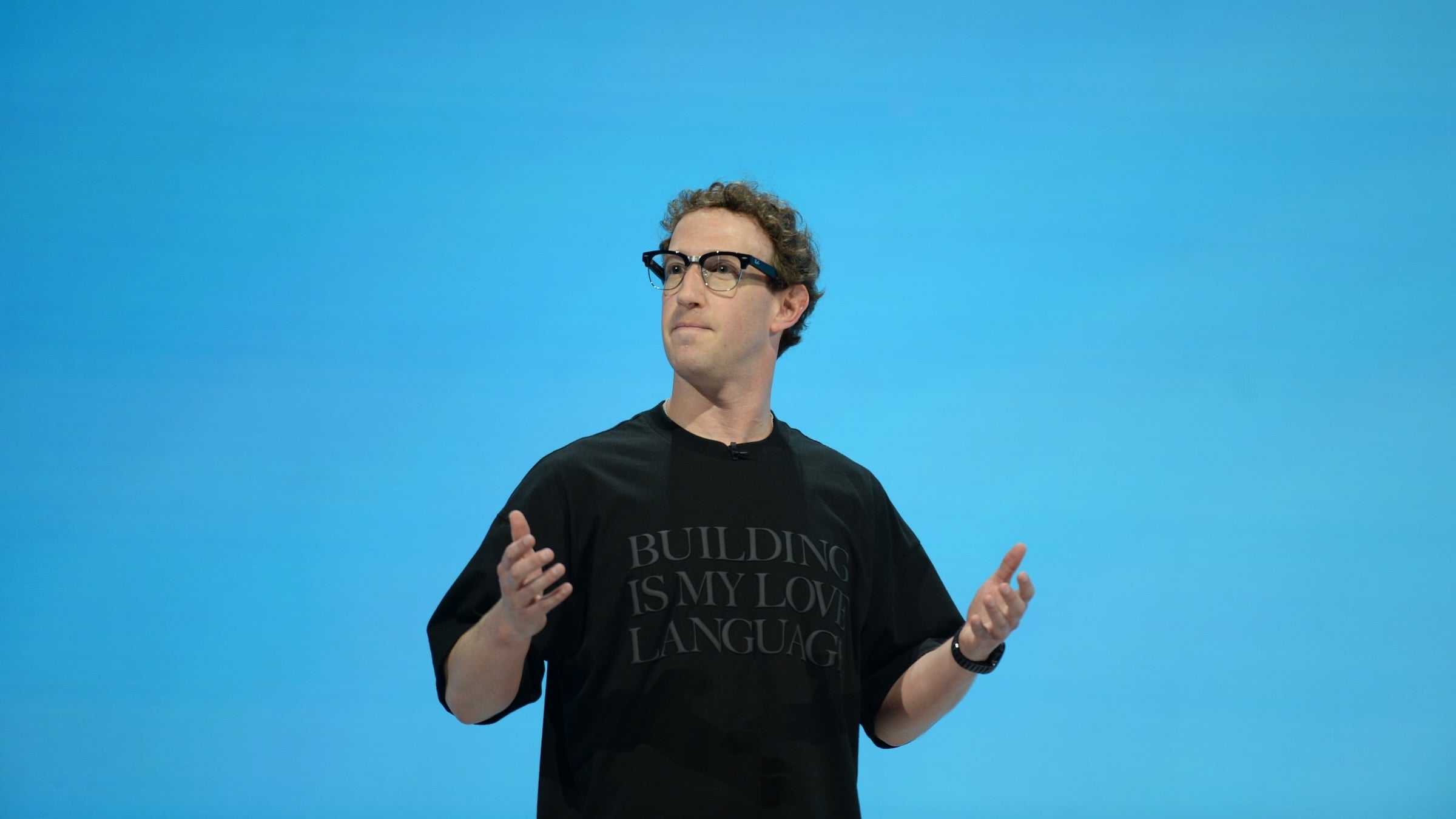 mark zuckerberg at meta connect wearing meta glasses and t-shirt that says 'building is my love language'
