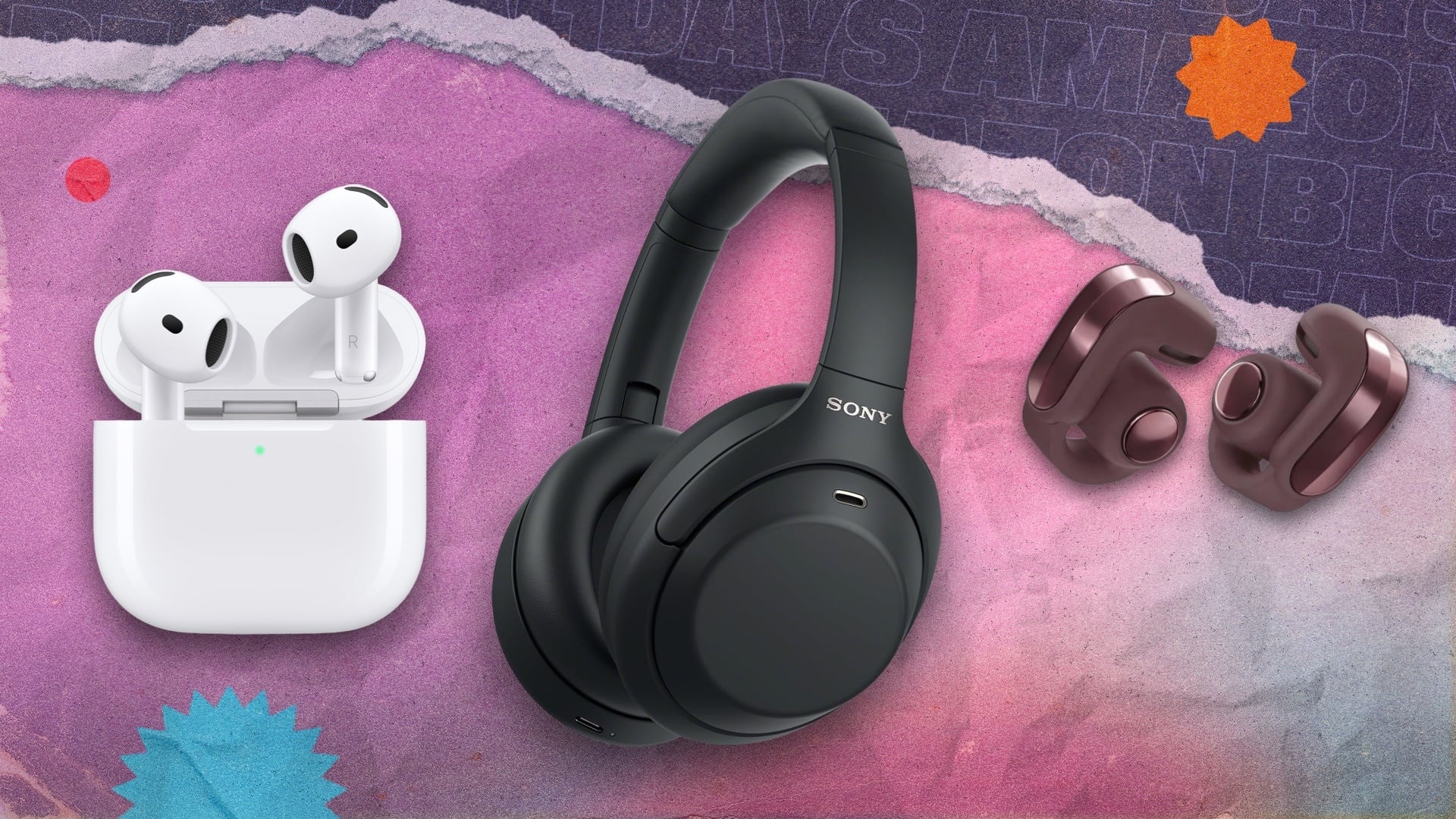 apple airpods, black sony xm4c, and bose ultra open 2 earbuds on gradient background