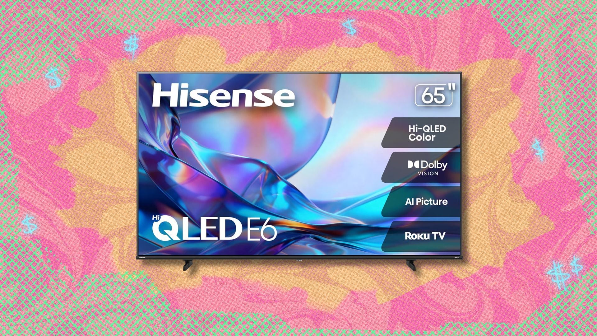 hisense 65-inch e6sr hi-qled 4k uhd smart tv against a yellow patterned background
