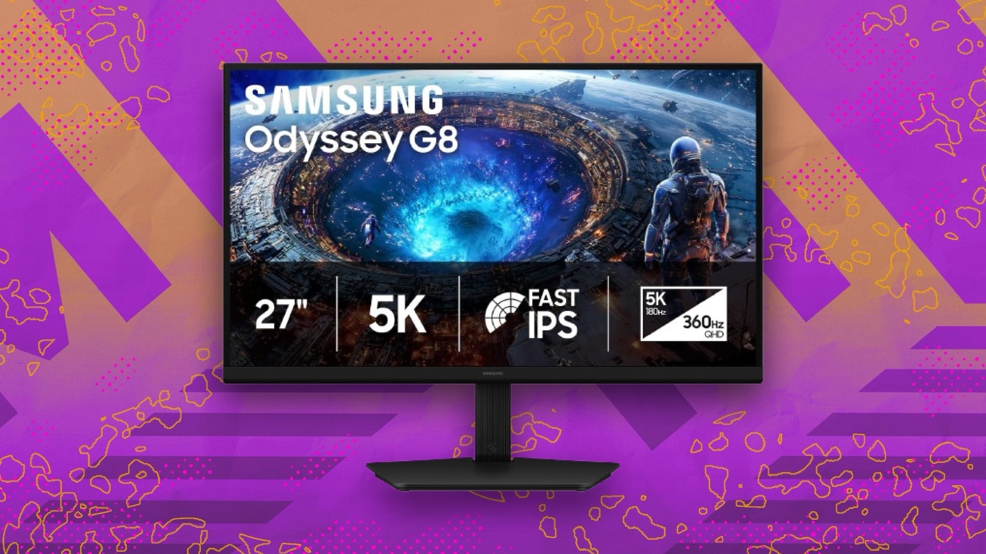 Samsung Odyssey G8 gaming monitor on purple background