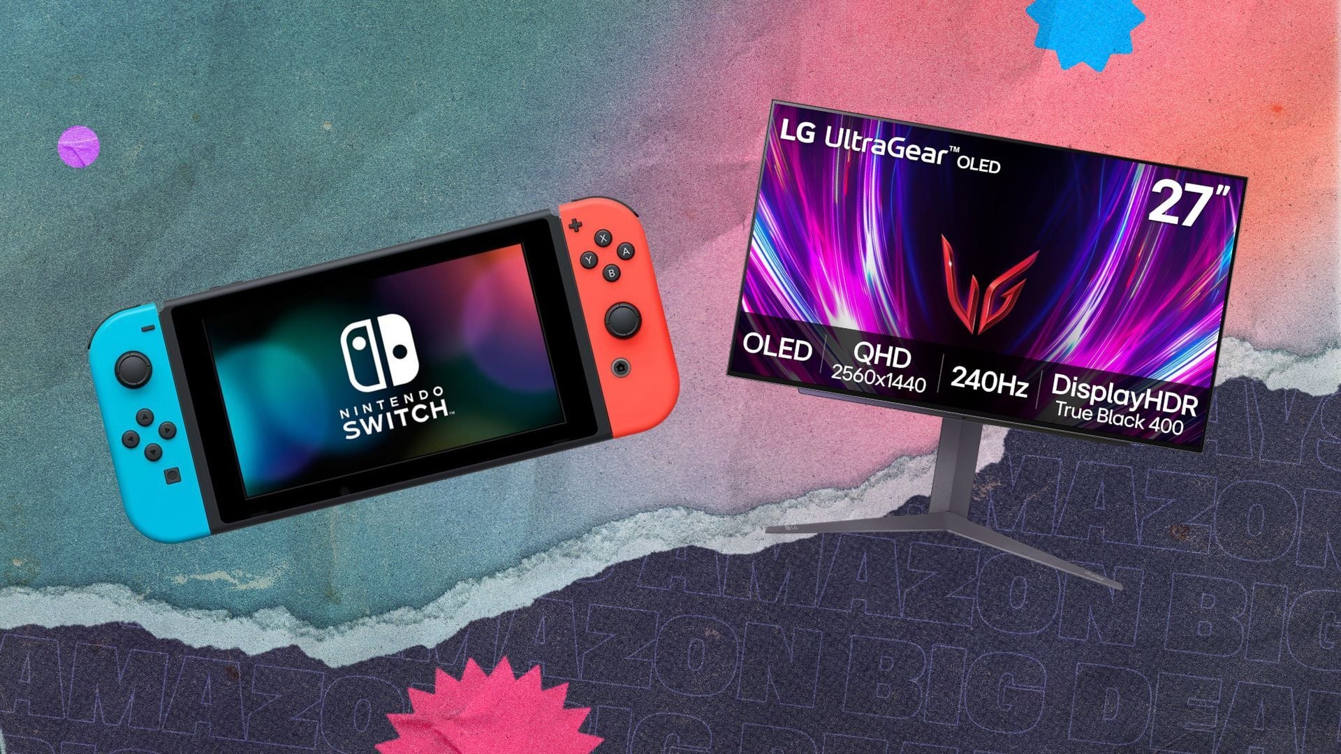 Nintendo console and LG monitor on composite background