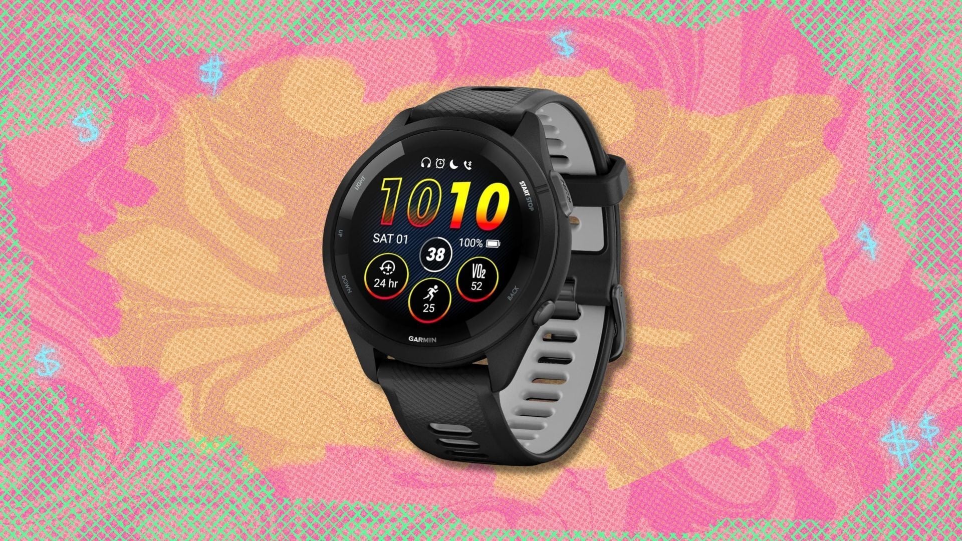 garmin forerunner 265 against a yellow patterned background