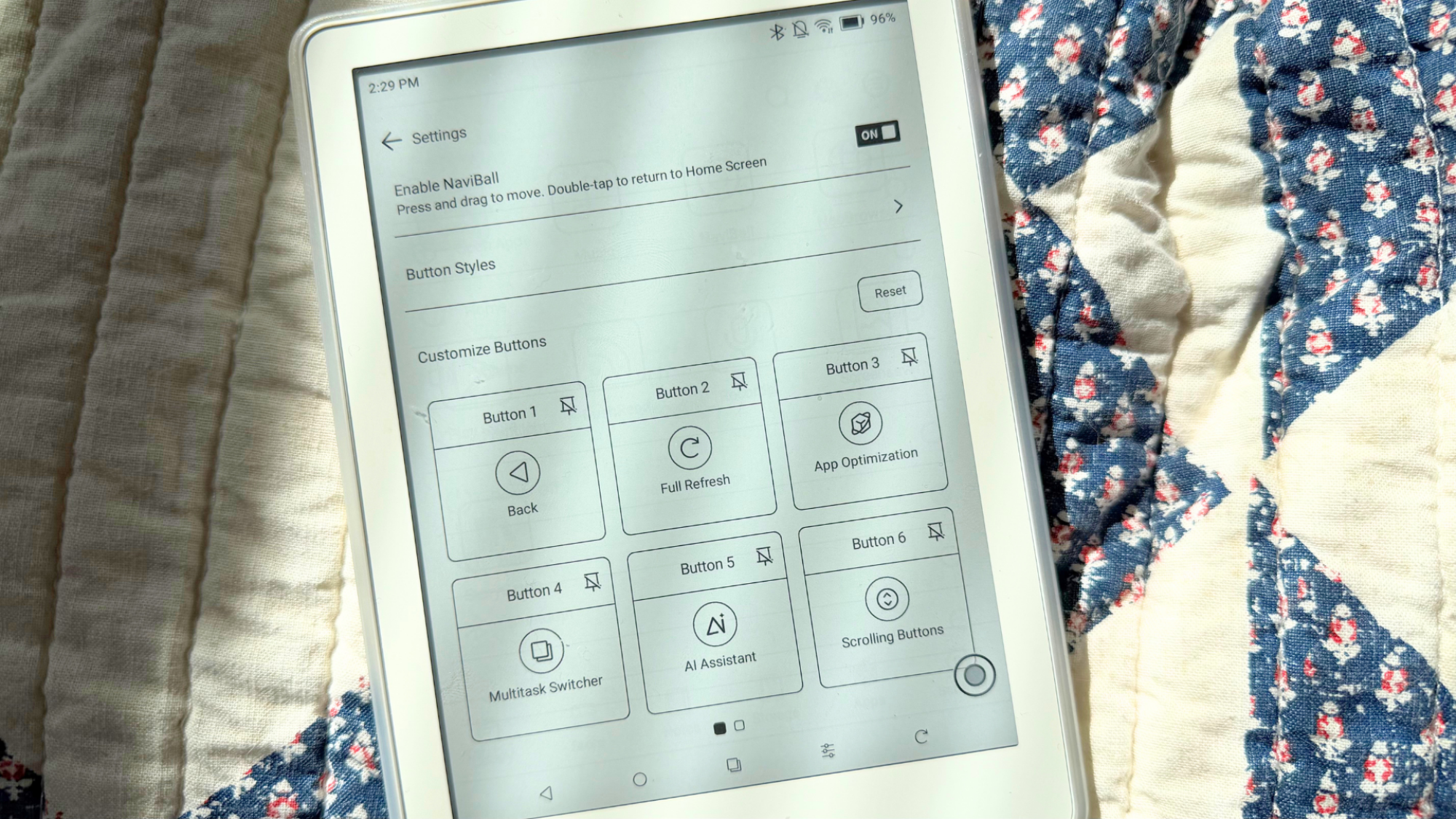 The NaviBall settings on a Boox e-reader