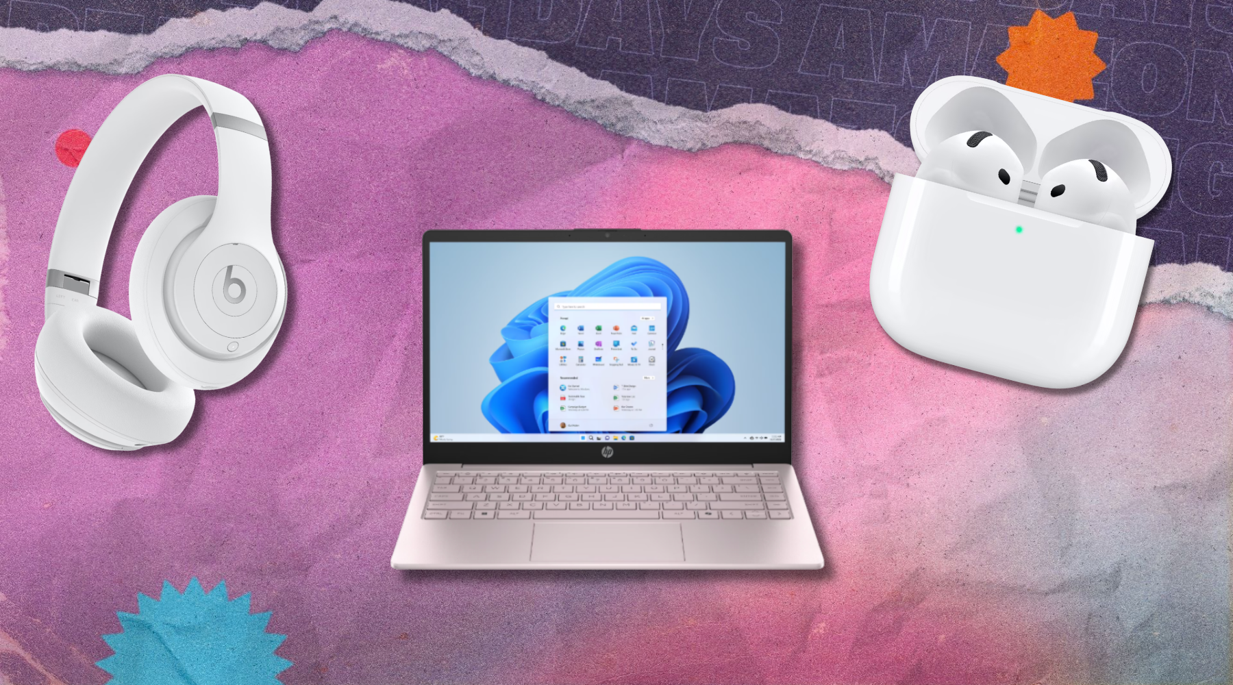 A pair of headphones, a laptop, and airpods against a colorful background.