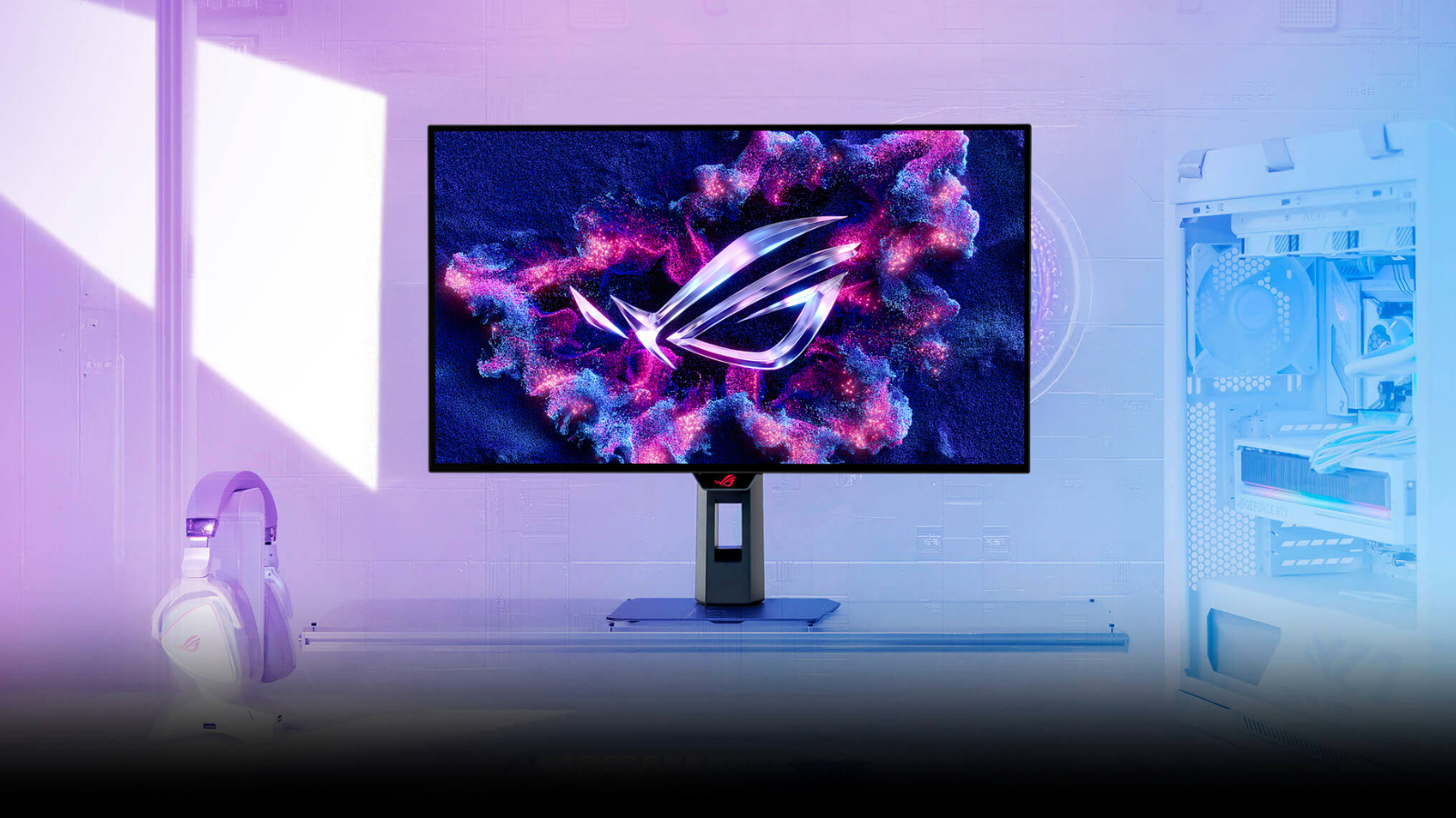 ASUS ROG Strix glossy OLED monitor on desktop with purple and blue shaded background