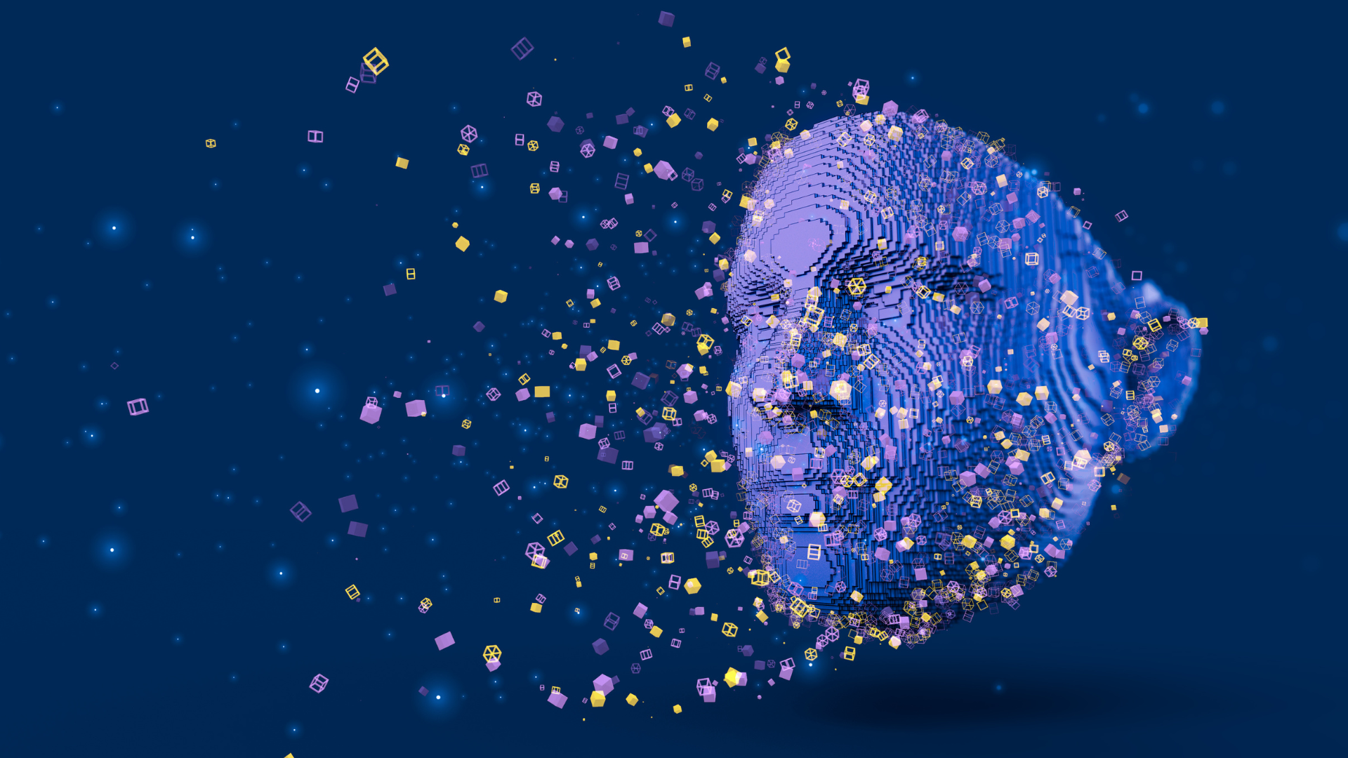 Artificial Intelligence Digital Voxel Human Face Dissolving into Data Cubes - stock photo