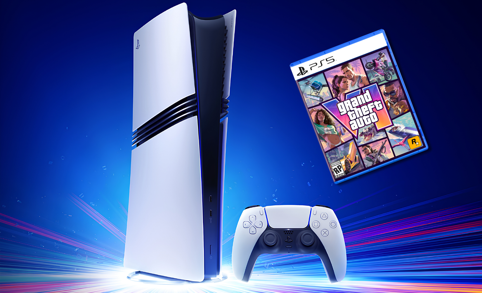 A PlayStation 5 Pro against a blue background beside the GTA 6 video game.
