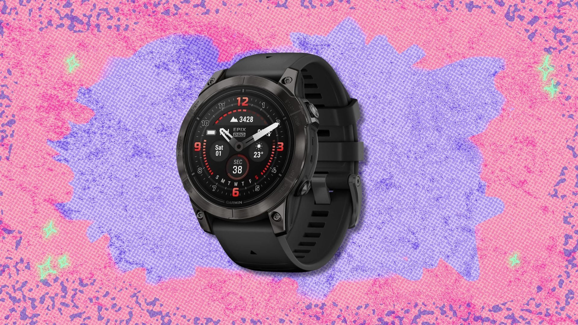 garmin epix pro (gen 2) sapphire against a pink and purple background