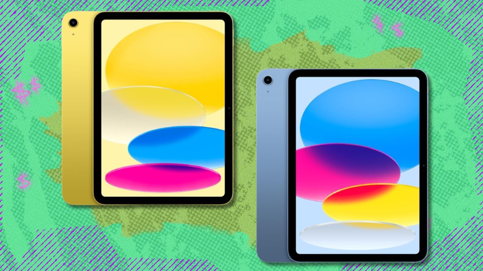 the apple ipad 11-inch in yellow and blue on a green background