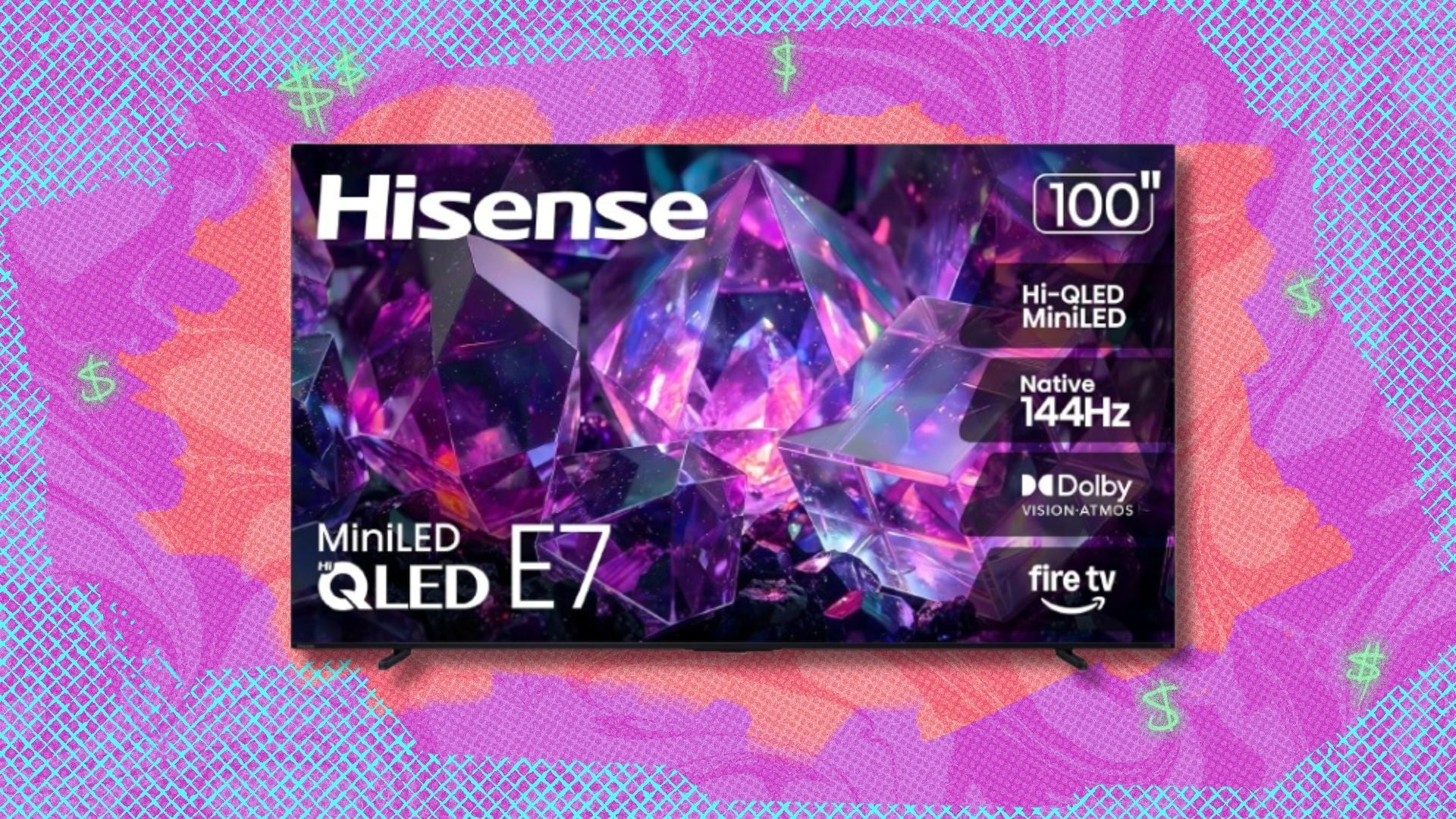 100-inch Hisense e7 TV on a pink and purple background