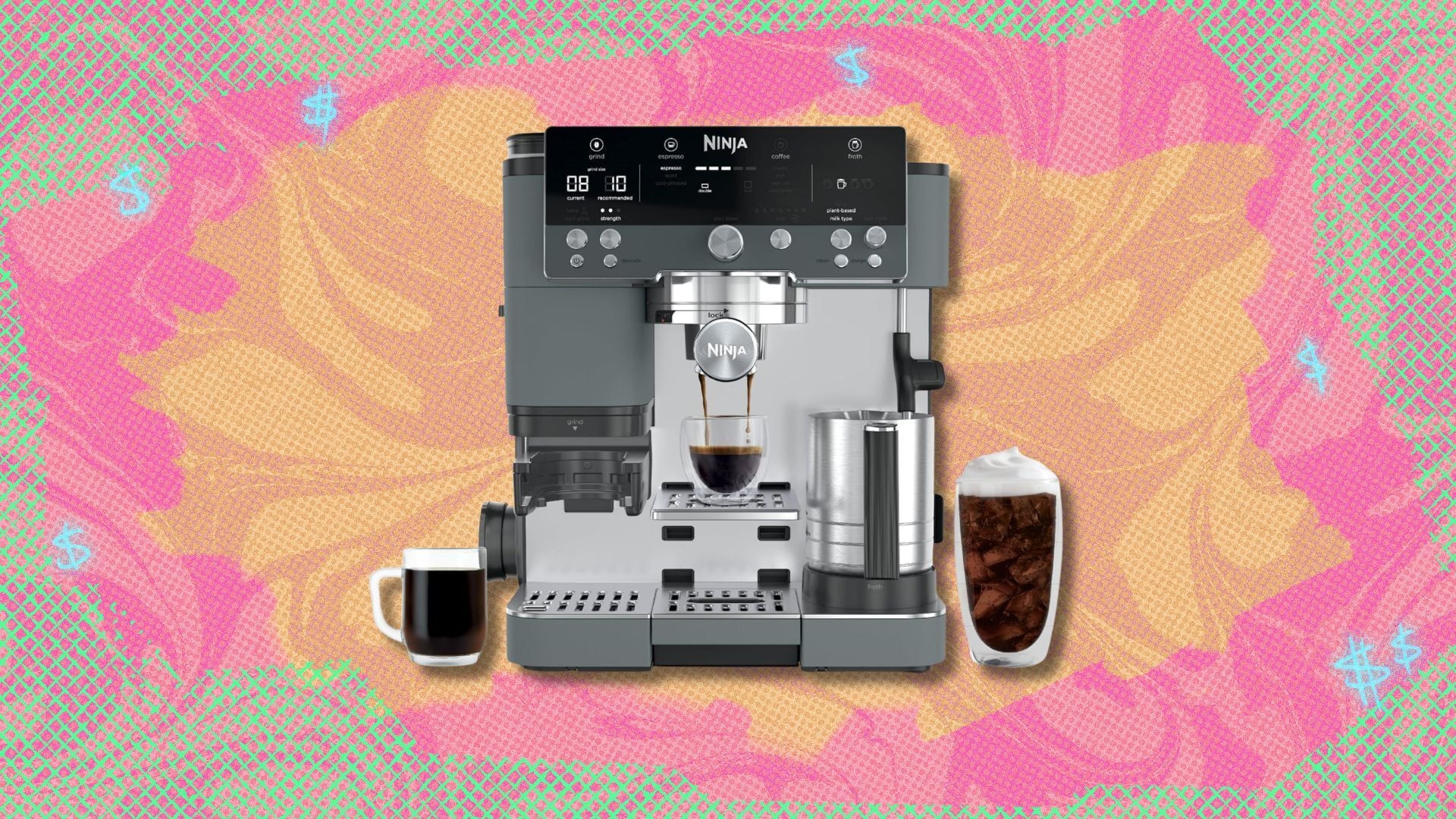 ninja luxe café premier against a yellow patterned background