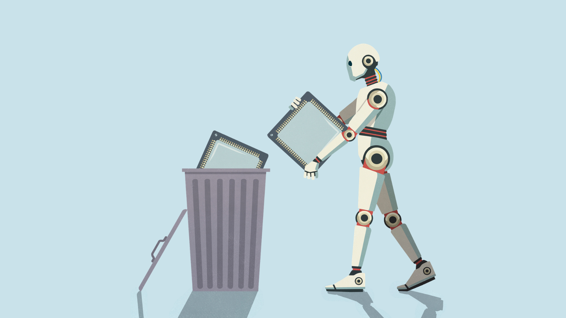 Humanoid robot placing computer chips in garbage can against a blue background.